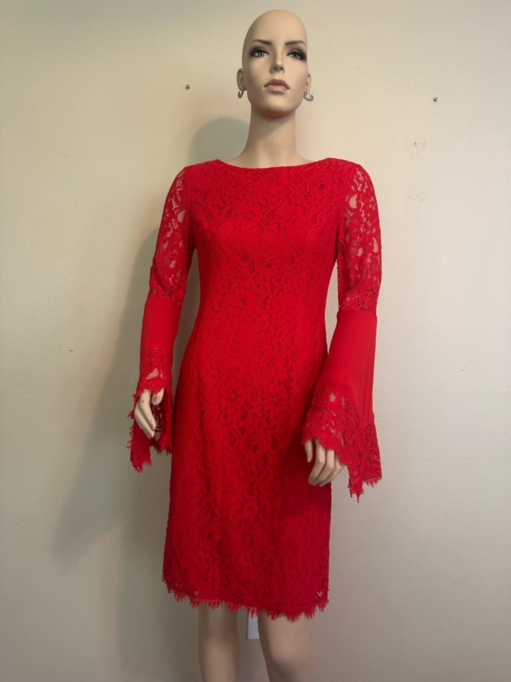 NUE by Shani Red Lace Sheath Dress with Bell Sleeves, Size 4